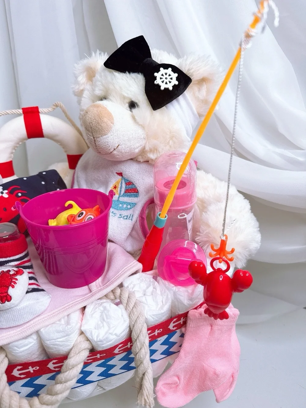 Nautical Girl Fishing Boat Baby Gift Basket with Plush Bear, Shower Gift